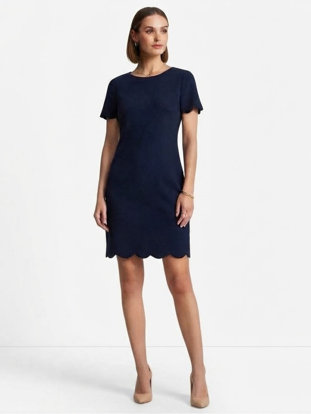 Anne Klein Scallop Shift Dress in Navy